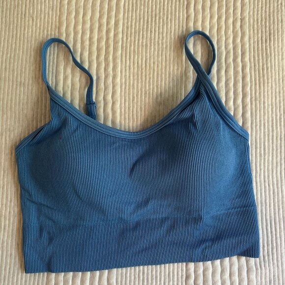 UNIQLO Seamless Half Camisole Bra Top Ribbed Blue Sewn-In Padding Cups Size S - Picture 2 of 5